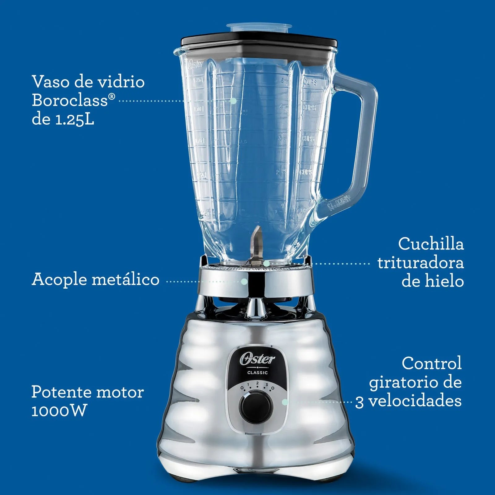 (LLEGANDO 1 DE SEPT) Licuadora Oster Clásica BLST4655-013 1.25 Litros – 1000W, 3 Velocidades, Vaso de Vidrio Boroclass, Cromada