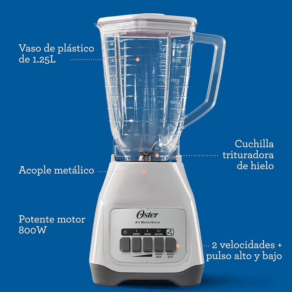 (LLEGANDO 27 DE JULIO) Licuadora Oster® 2 Velocidades + Pulso con Vaso de Plástico 1.25 L – BLSTKAP-WPB | 800W de Potencia Máxima
