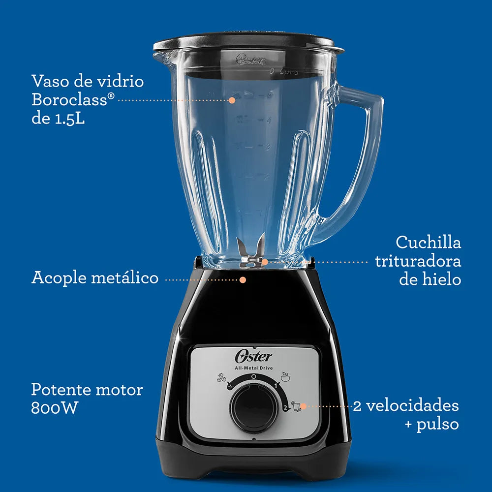 (LLEGANDO 1 DE SEPT) Licuadora Jarra de Vidrio 1.5L 800W 2 velocidades + Pulso Negro Oster BLSTKAG-BRD