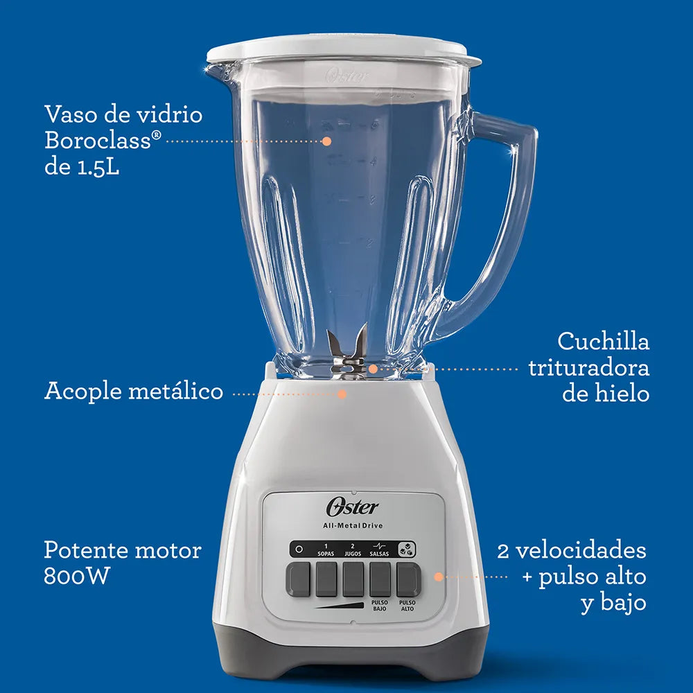 (LLEGANDO 1 DE SEPT) Licuadora Oster BLSTKAG-WPB 1.5 Litros – 2 Velocidades + Pulso, Vaso de Vidrio Boroclass, Blanca