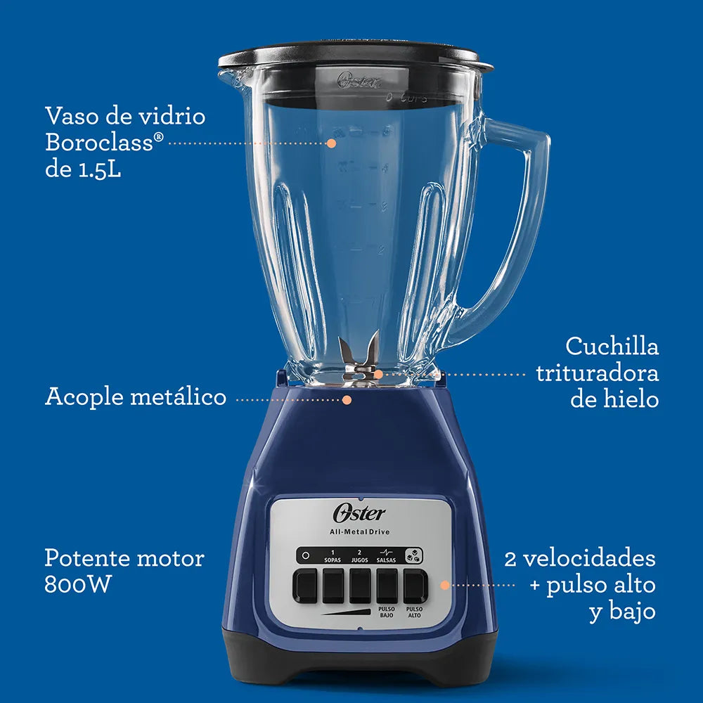 Licuadora Jarra de Vidrio 1.5L 800W 2 velocidades + Pulso Color Azul Oster BLSTKAG-LPB