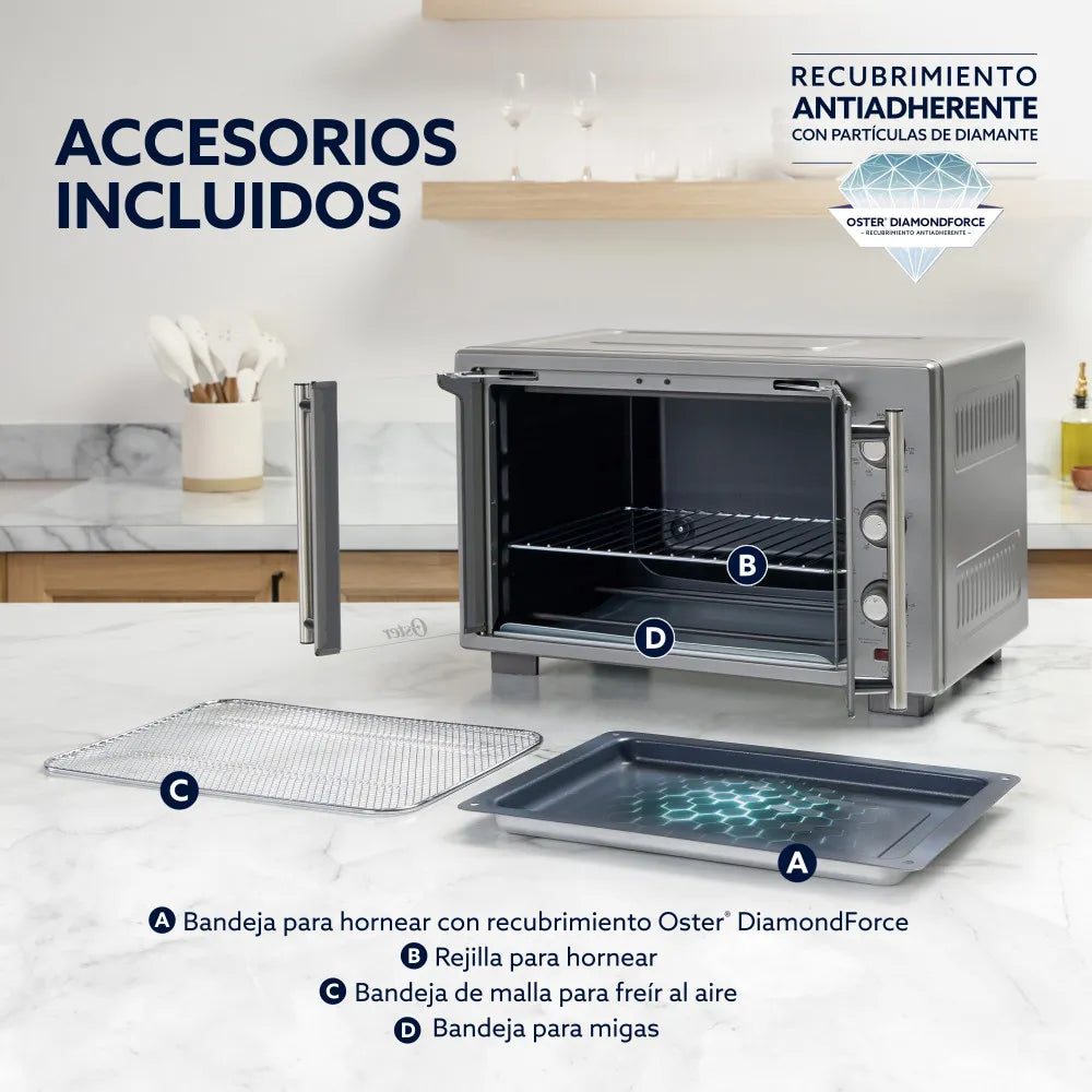 (LLEGANDO 15 DE OCTUBRE) Horno Eléctrico Oster 35 Litros con Freidora de Aire, Convección, 5 Funciones y Recubrimiento Antiadherente DiamondForce TSSTTV35FDMA