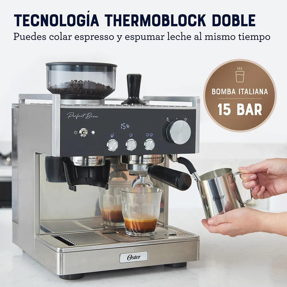 Cafetera para Café Espresso Perfect Brew 2 Tazas 15 Bares con Molino de Granos Oster BVSTEM7400