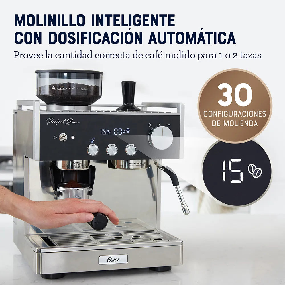 Cafetera para Café Espresso Perfect Brew 2 Tazas 15 Bares con Molino de Granos Oster BVSTEM7400