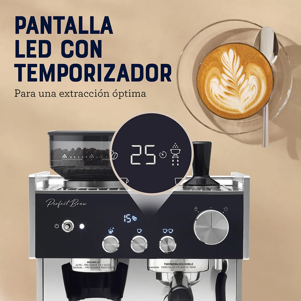 Cafetera para Café Espresso Perfect Brew 2 Tazas 15 Bares con Molino de Granos Oster BVSTEM7400