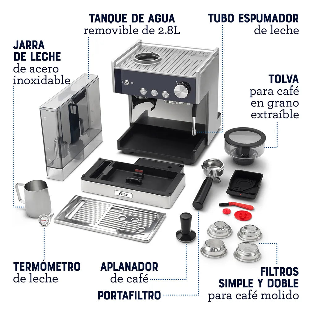 Cafetera para Café Espresso Perfect Brew 2 Tazas 15 Bares con Molino de Granos Oster BVSTEM7400