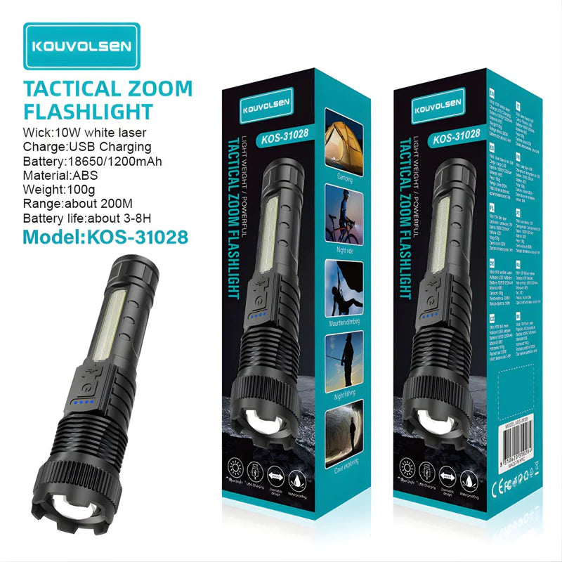 Linterna LED Recargable De Alta Potencia 10W. Luz Blanca Con Zoom Ajustable. Alcance Hasta 200 Metros. Resistente Al Agua. KOS-31028