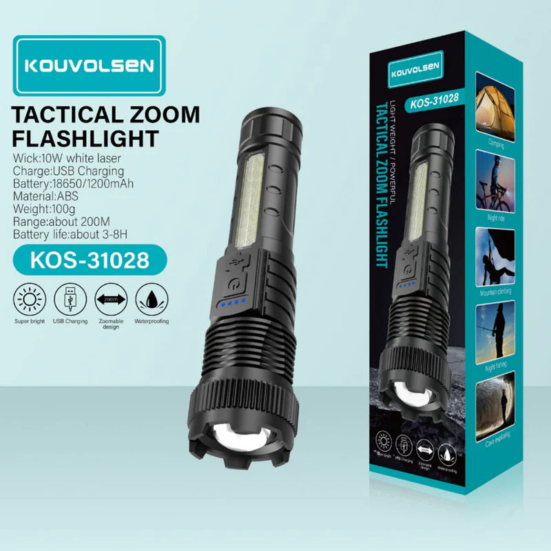 Linterna LED Recargable De Alta Potencia 10W. Luz Blanca Con Zoom Ajustable. Alcance Hasta 200 Metros. Resistente Al Agua. KOS-31028