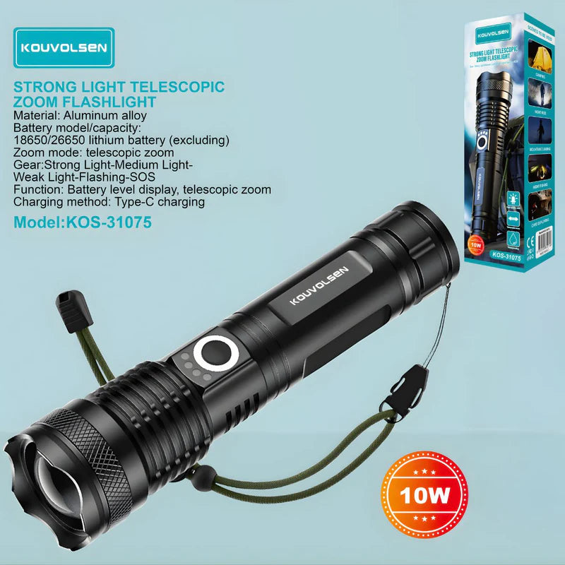 Linterna LED De Alta Potencia Con Zoom Telescópico. Luz Táctica De 10W Recargable USB-C. 4 Modos Con Función SOS. KOS-31075