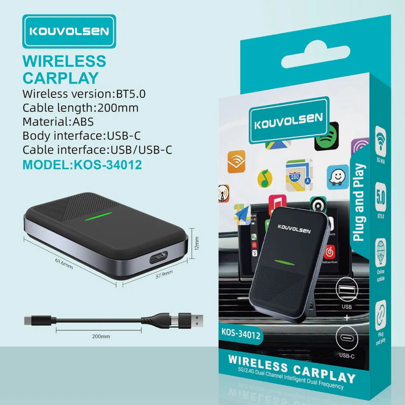 Adaptador Inalámbrico Carplay Y Android Auto Para Auto. Convierte Carplay/Android Auto Con Cable A Wireless. Plug & Play USB-C. KOS-34012