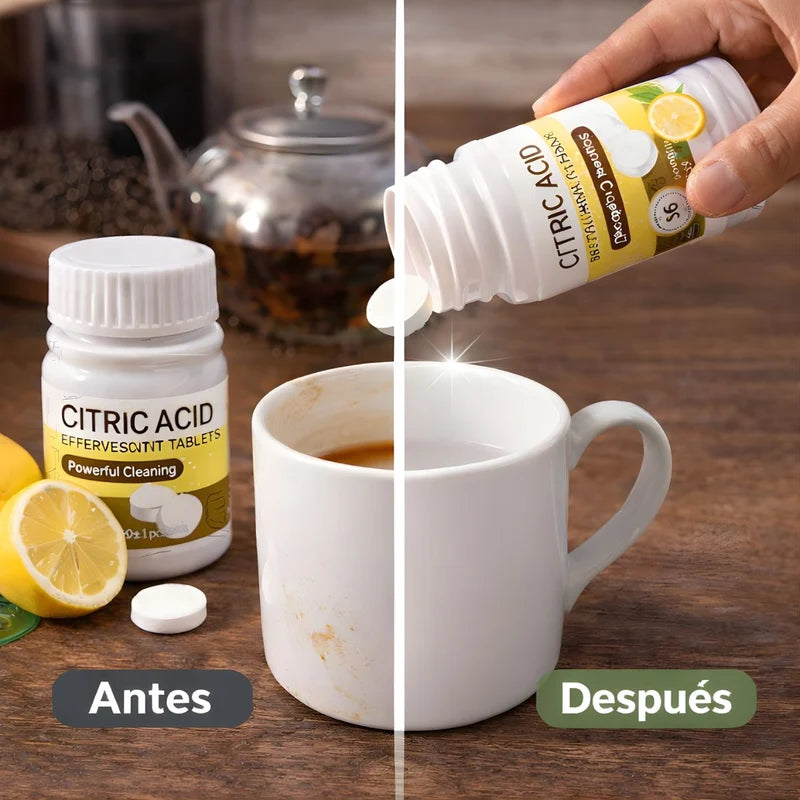 Pastillas Efervescentes Limpiadoras Para Tazas Y Vasos. Eliminador De Manchas De Café, Té Y Vino. Tabletas De Limpieza Con Ácido Cítrico 50G. LT876