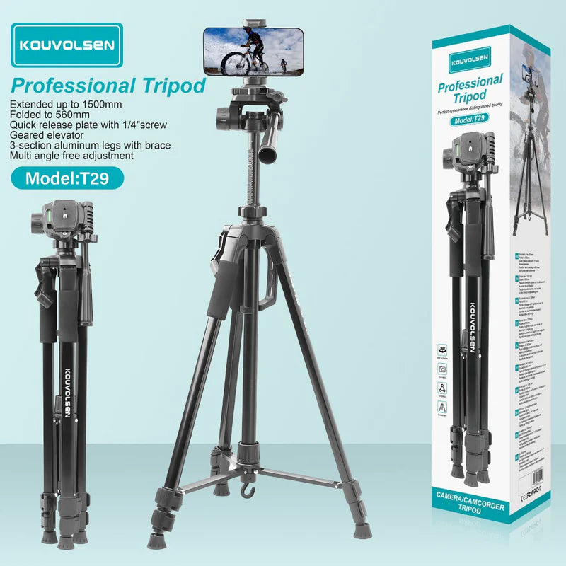 Trípode Para Celular Y Cámara 1.5M Ajustable. Soporte Profesional De Aluminio Con Cabezal Giratorio. Ideal Para Fotografía, Video Y Streaming. T29