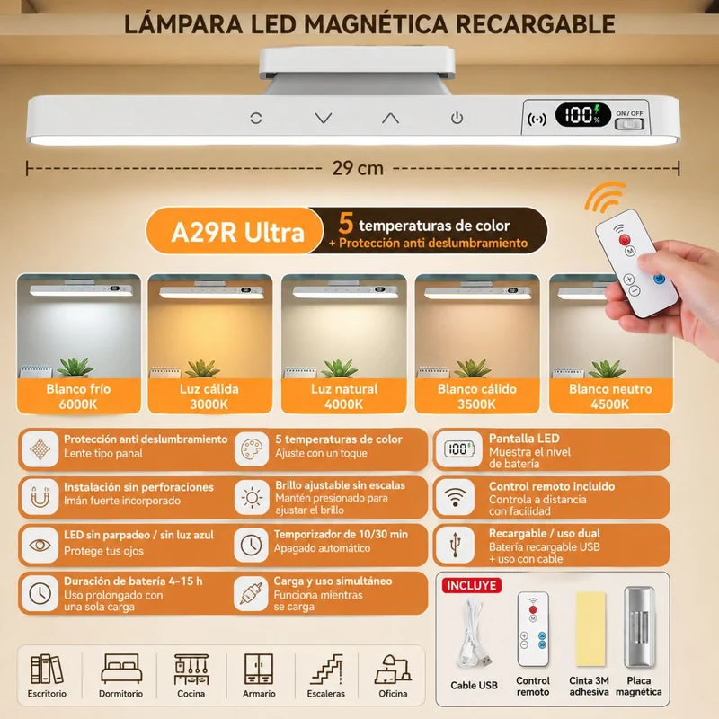 Lámpara LED Recargable USB-C Con Control Remoto. Luz Con Base Magnética Regulable Con 5 Tonos De Luz, Brillo Y Pantalla Digital. Blanca (29Cm) UR199