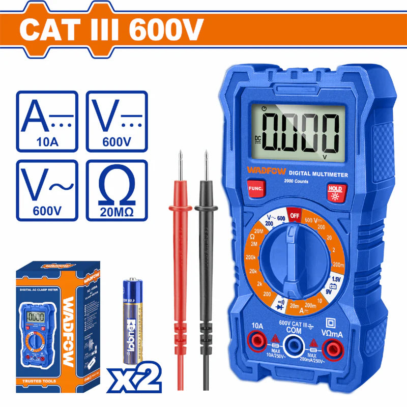 Multímetro Digital 2000 Dígitos. CAT III 600V. Incluye 2 Baterías AA R03 Apagado Automático. WDM2508