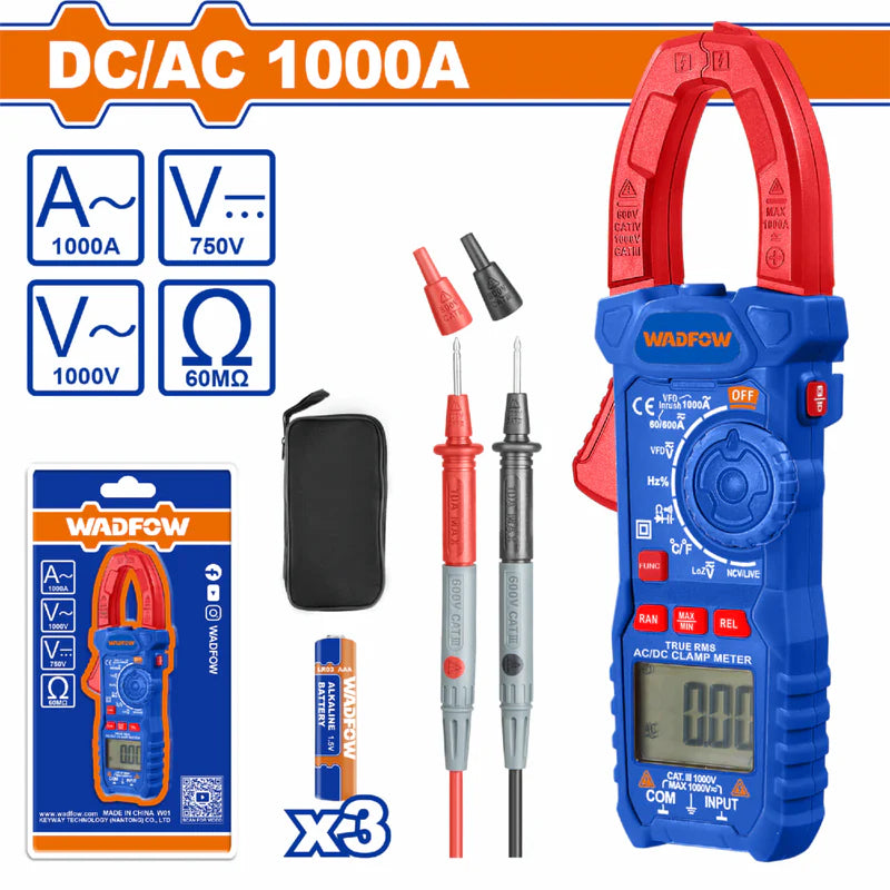 Medidor De Abrazadera. Pinza Amperimétrica DC/AC 1000A 6000 Dígitos. Baterías 3 AAA. Medidor De Voltaje. WDM65085