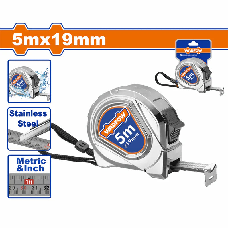 Cinta Métrica De Acero Inoxidable 5Mx19mm. Metros Y Pulgadas. Ideal Ambientes Húmedos. WMT4420