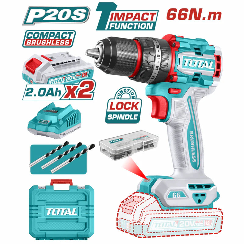 Taladro Inalámbrico 20V 1/2" 66Nm Impacto. Motor Sin Escobillas. Incluye 2 Baterías Y Cargador. Super Total UTIDLI20668