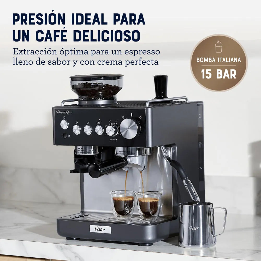 (LLEGANDO 20 DE MARZO) Cafetera Perfect Brew de Café Espresso con Molinillo de Muelas Tubo de Vapor Tempsense Porta Filtro de 58mm 15 Bar Oster BVSTEM7301