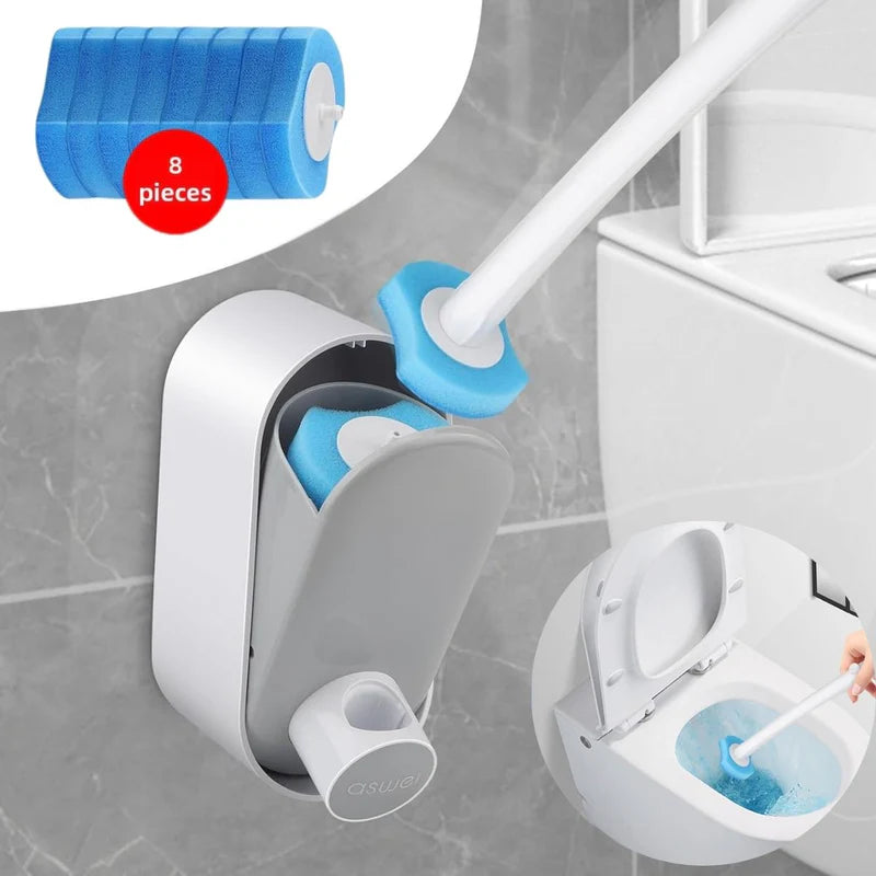 Cepillo De Inodoro Con Cabezales Desechables Y Base De Pared. Incluye 8 Cabezales De Repuesto. Limpieza De Servicio Retrete. AB1458