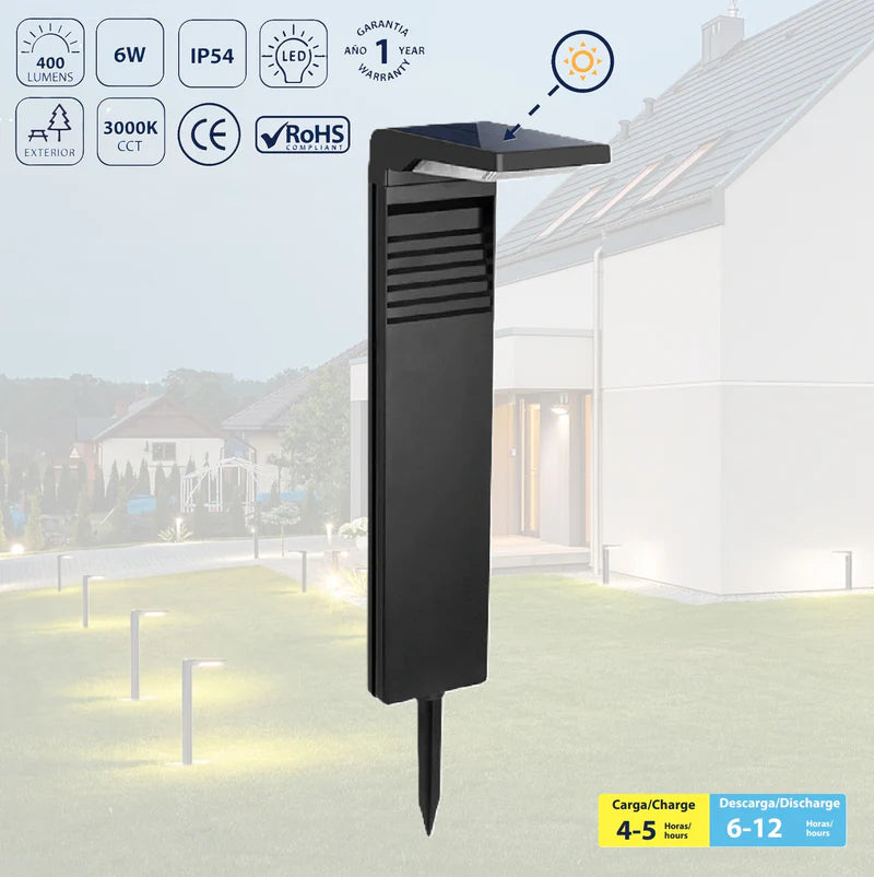 Lámpara Estaca Solar Negra 6W 30K, 400Lm, Para Iluminación Exterior. Lámpara Bolardo. CL111-SOL-05-6W-30K-Z