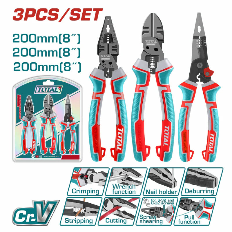 Alicates Multifuncionales (Combinado, Punta Larga, Corte Diagonal) Cr-V Con Mango Ergonómico. Juego De 3 Piezas. THT2MK231