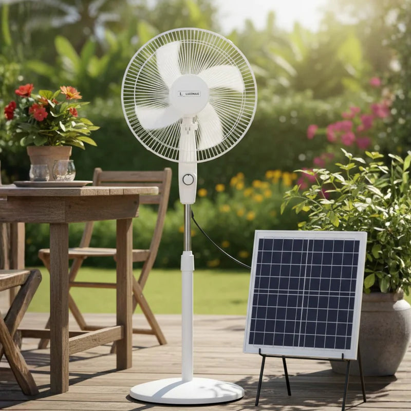Abanico De Pedestal 16” Con Panel Solar De 8000Mah. Ventilador De Piso 15W Y 3 Velocidades, Oscilación Lateral. Autonomía 5-6 Horas.Color Blanco CL344-SOL-22-FAN-WH-Z