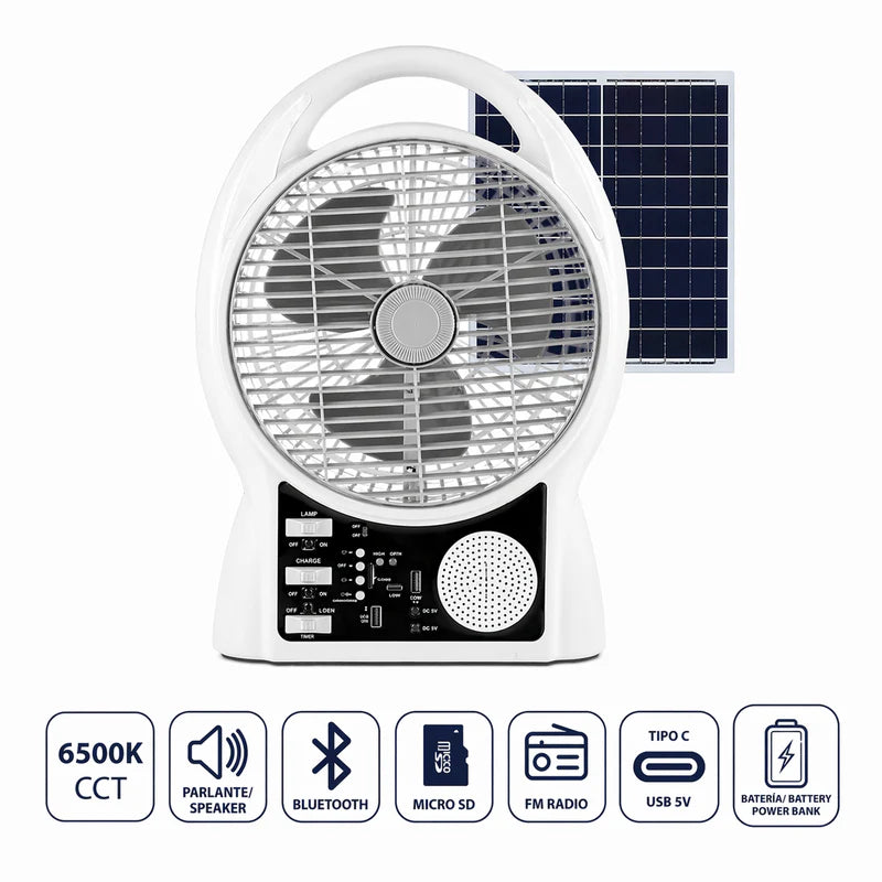 Abanico Solar Multimedia 8” Con Lámpara LED Y Panel Solar 9V/3W De 5500Mah 10W. Ventilador Recargable Con Bluetooth, Radio FM, USB Y Micro SD De 2 Velocidades. Color Blanco CL347-SOL-25-FANBT-WH-Z