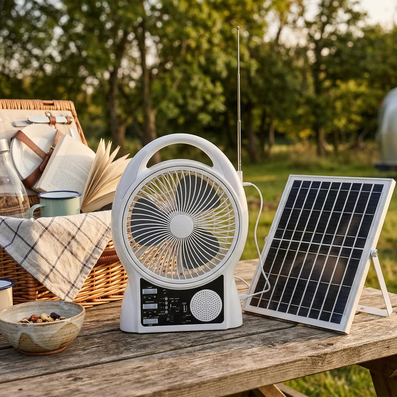 Abanico Solar Multimedia 8” Con Lámpara LED Y Panel Solar 9V/3W De 5500Mah 10W. Ventilador Recargable Con Bluetooth, Radio FM, USB Y Micro SD De 2 Velocidades. Color Blanco CL347-SOL-25-FANBT-WH-Z