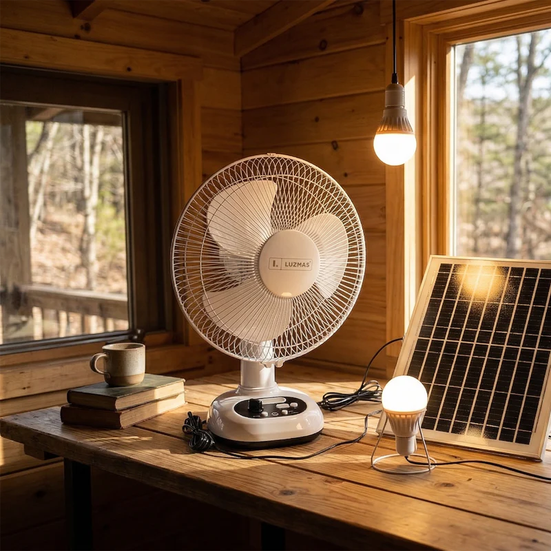 Abanico Solar 12” Con Lámpara LED 6500K, Panel Solar 9V/3W, Batería 6V 4.5Ah, Motor 15W. Ventilador Recargable 2 Velocidades Con Puerto USB Tipo C, Power Bank Color Blanco CL348-SOL-26-FAN-WH-Z