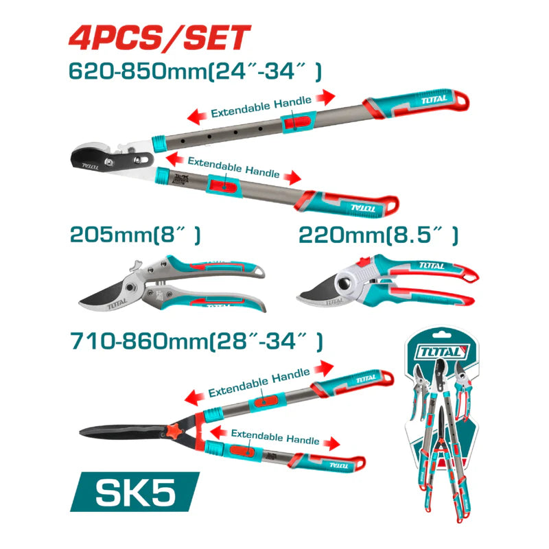 Tijeras De Jardín 8.5" , 8", 24"-34", 29"-34" SK5 Con Mangos Telescópicos Y Cuchillas Deteflón Podador Y Cortasetos. Set De 4 Pzas. THT1593401