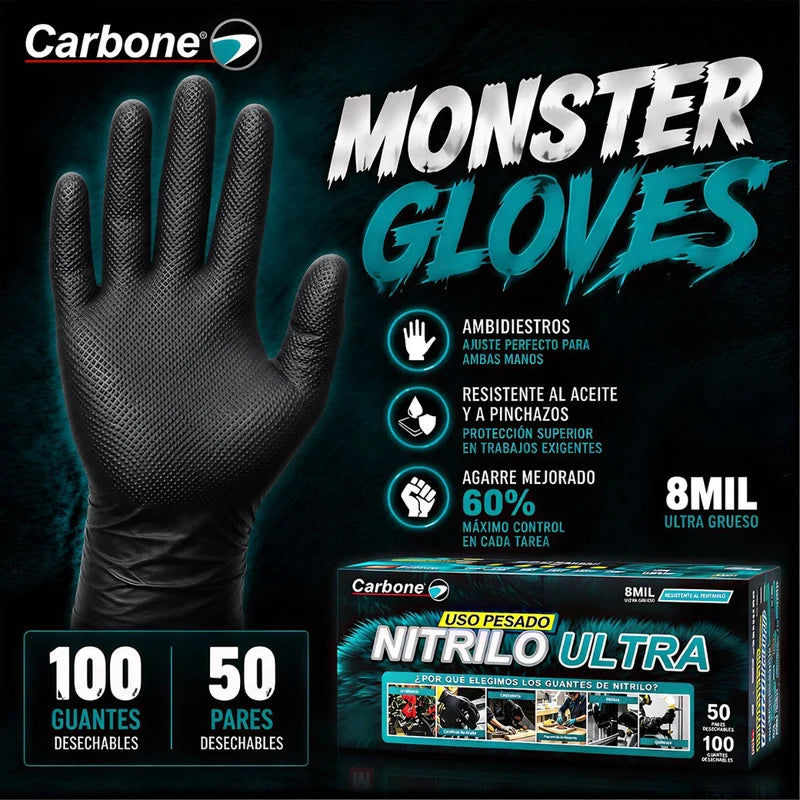Guantes De Nitrilo Negros 8 Mil (0.20 Mm) Monster Gloves Carbone. Ultra Resistentes Y Difíciles De Romper. Uso Industrial Mecánico Y Automotriz. Caja 100 Unds