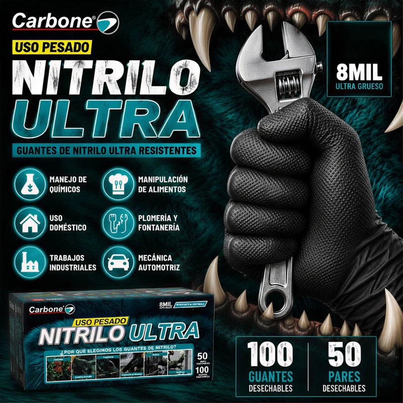 Guantes De Nitrilo Negros 8 Mil (0.20 Mm) Monster Gloves Carbone. Ultra Resistentes Y Difíciles De Romper. Uso Industrial Mecánico Y Automotriz. Caja 100 Unds