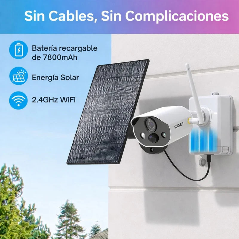 Cámara De Seguridad Wifi 3MP Con Panel Solar Y Batería Recargable 7800Mah. Cámara De Videovigilancia IP66 Con Visión Nocturna A Color 15M, Detección Humana PIR 1NC-3063Y-W-S