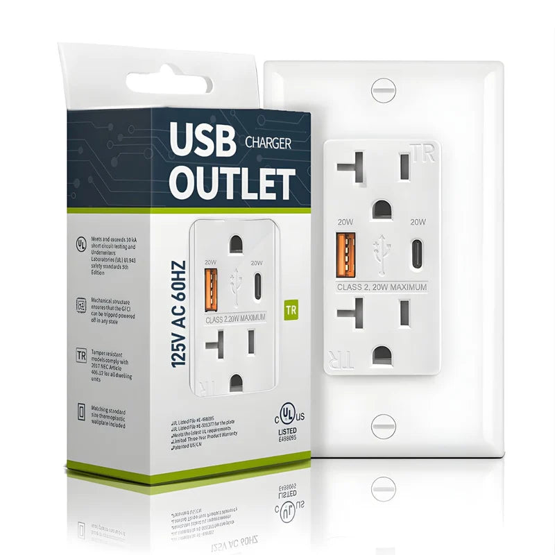 Tomacorriente Doble De Pared 20Amp Con USB Y USB-C 20W. Enchufe 125V AC Con Carga Rápida Para Dispositivos Electrónicos Y Protección TR. FTR20QC AC20W. UL Listed UR018