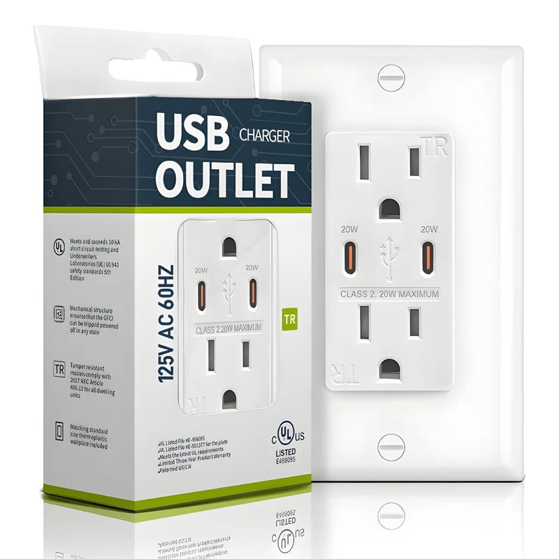 Tomacorriente Doble De Pared 15Amp Con USB-C Dual 20W. Enchufe 125V AC Con Carga Rápida Para Dispositivos Electrónicos Y Protección TR. FTR15QC DC20W. UL Listed UR019