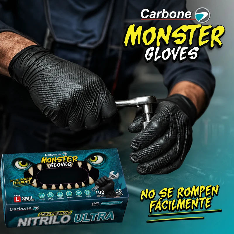 Guantes De Nitrilo Negros 8 Mil (0.20 Mm) Monster Gloves Carbone. Ultra Resistentes Y Difíciles De Romper. Uso Industrial Mecánico Y Automotriz. Caja 100 Unds
