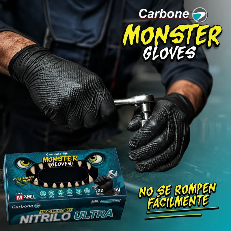 Guantes De Nitrilo Negros 8 Mil (0.20 Mm) Monster Gloves Carbone. Ultra Resistentes Y Difíciles De Romper. Uso Industrial Mecánico Y Automotriz. Caja 100 Unds
