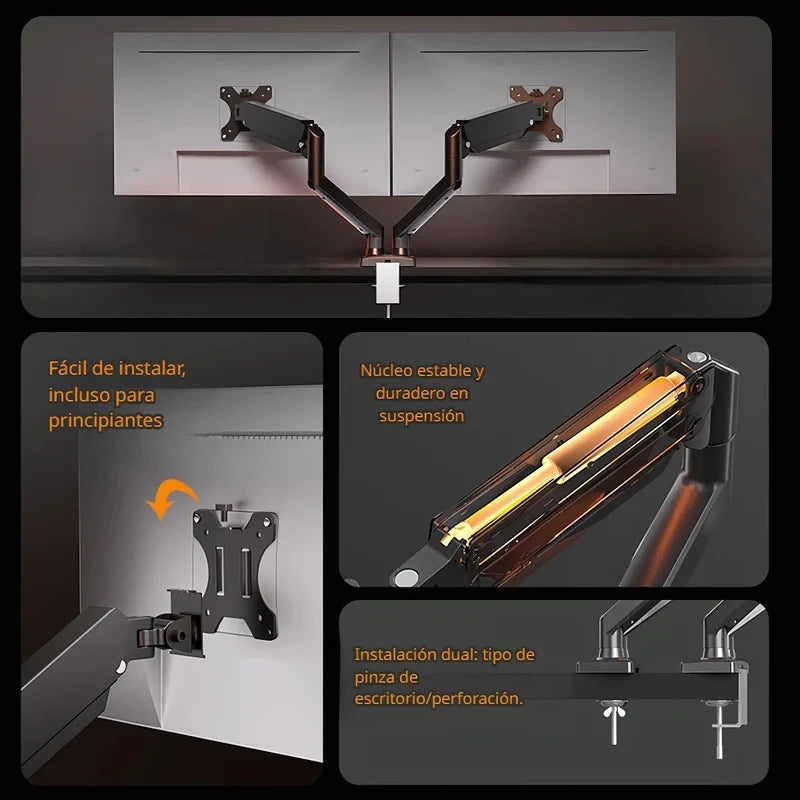 Soporte De Monitor Computadora Doble Con Rotación 360°. Brazo Ergonómico Para Pantallas De Hasta 32” Con Montaje De Escritorio. Ideal Para Oficina Y Gaming. AB1353