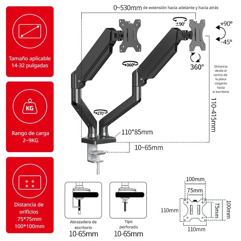 Soporte De Monitor Computadora Doble Con Rotación 360°. Brazo Ergonómico Para Pantallas De Hasta 32” Con Montaje De Escritorio. Ideal Para Oficina Y Gaming. AB1353