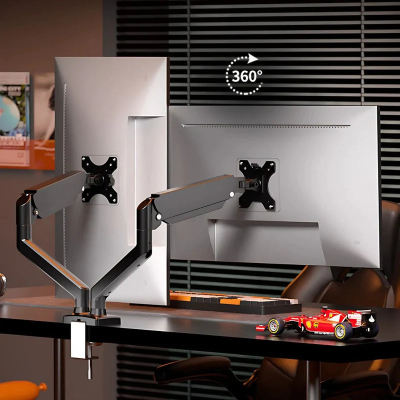 Soporte De Monitor Computadora Doble Con Rotación 360°. Brazo Ergonómico Para Pantallas De Hasta 32” Con Montaje De Escritorio. Ideal Para Oficina Y Gaming. AB1353