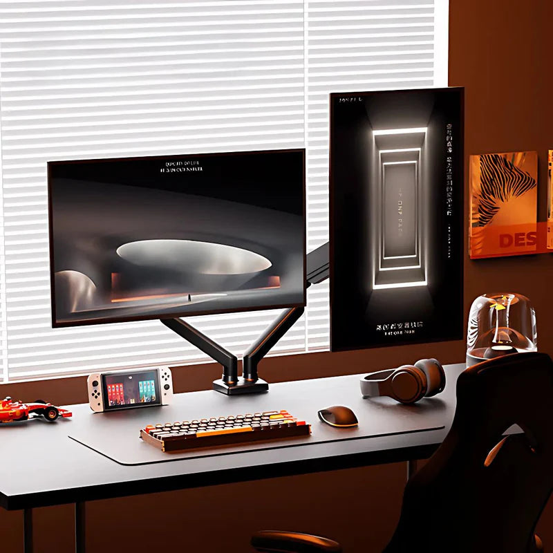 Soporte De Monitor Computadora Doble Con Rotación 360°. Brazo Ergonómico Para Pantallas De Hasta 32” Con Montaje De Escritorio. Ideal Para Oficina Y Gaming. AB1353