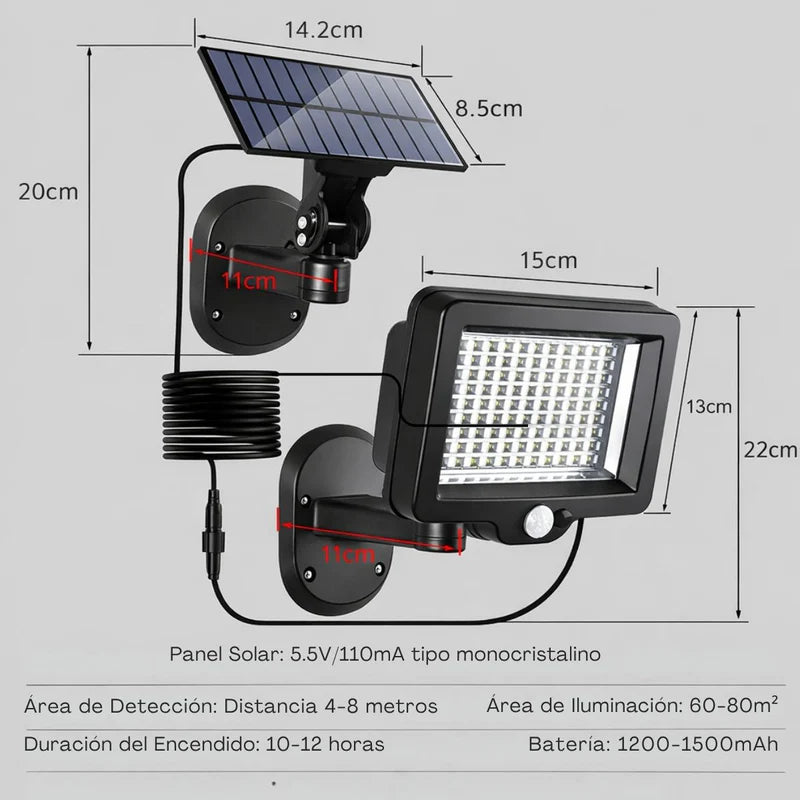 Lámpara Reflector Solar Exterior LED 5.5V Con Sensor De Movimiento Panel Separado Ajustable Impermeable. Luz De Seguridad Jardín Patio Control Remoto Y Autonomía 12H LT806