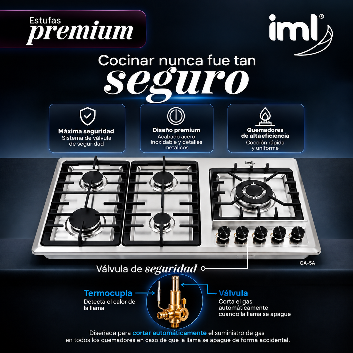 Estufa Empotrable a Gas Premium IML de 5 Quemadores con Válvula de Seguridad Acero Inoxidable QA-5A
