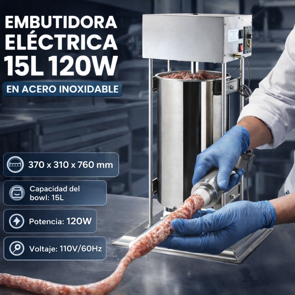Embutidora Eléctrica de 15L 120W en Acero Inoxidable EV-15L Salchicha. Chorizo.