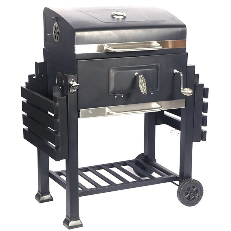 Barbacoa A Carbón Asador. Parrillera Multifuncional: BBQ, Asador Y Ahumador Compacto De Acero Inoxidable. Termómetro Integrado. AB040