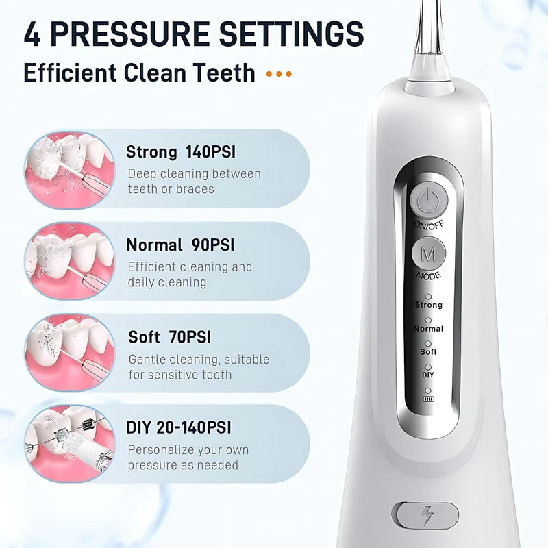 Irrigador Bucal Portátil De 4 Modos Con Tanque De 330 Ml Y Boquillas Intercambiables. Limpieza Profunda. AB1129