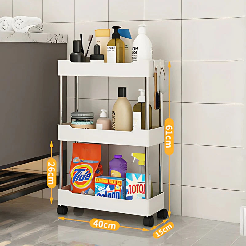 Carrito Organizador De 3 Niveles. Color Blanco 40X15x61cm. Anaquel Multiusos De Almacenaje Con Ruedas. AB403