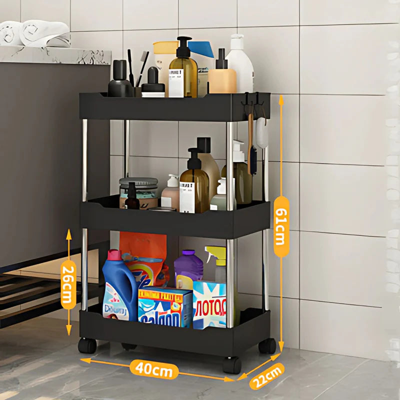 Carrito Organizador De 3 Niveles. Color Negro 40X22x61cm. Anaquel Multiusos De Almacenaje Con Ruedas. AB404