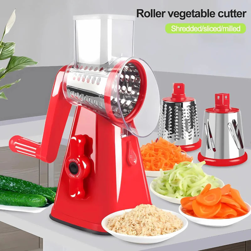 Rallador Manual Giratorio Con 3 Cuchillas Intercambiables Para Cocina. Rebanador Cortador Para Verduras, Frutas Y Más. Rallador Queso (Color Rojo) Mandolina. AB455