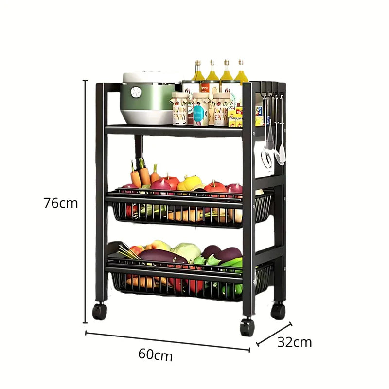Carrito Organizador De 3 Niveles. Color Negro 76X60x32cm. Anaquel Multiusos De Almacenaje Con Ruedas. Estanteria Repisas AB910